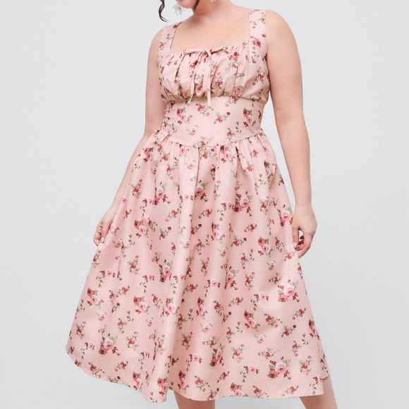 Cider Pink Rose Floral Woven Corset Midi Peasant Dress 3XL - Picture 5 of 15